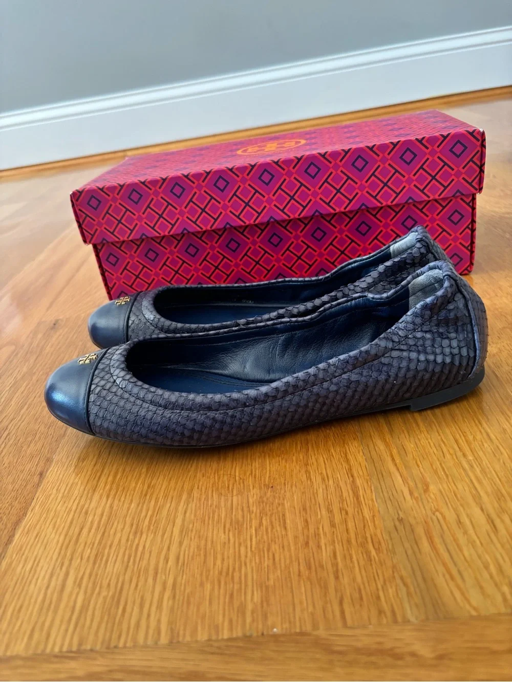 Tory Burch Metallic Blue Leather & Snakeskin Ballet Flats